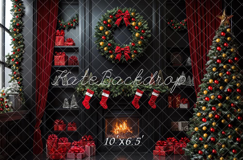 Kate Christmas Tree Black Fireplace Wreath Shelves Backdrop Designed by Mini MakeBelieve