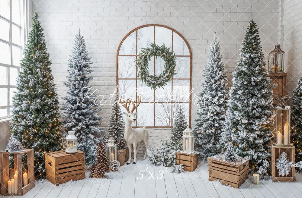 Kate Christmas Snowy Pines Arched Window Reindeer Crates Backdrop Designed by Emetselch