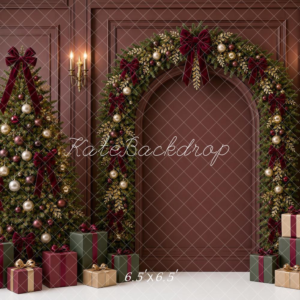 Kate Christmas Burgundy Garland Arch Trees Bow Gifts Printed Backdrop Designed by Shutter Swan Studios