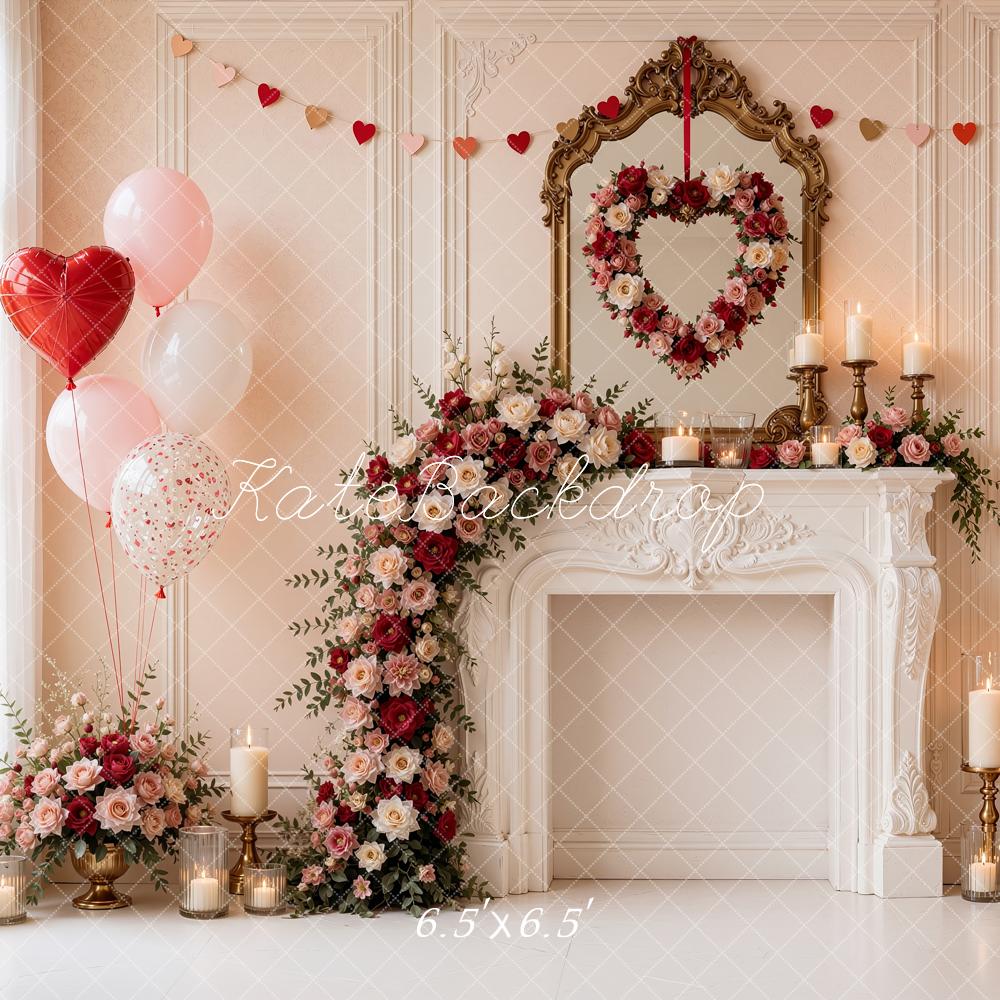 Kate Valentine's Day Pink Floral Fireplace Heart Balloons Printed Backdrop Designed by Shutter Swan Studios