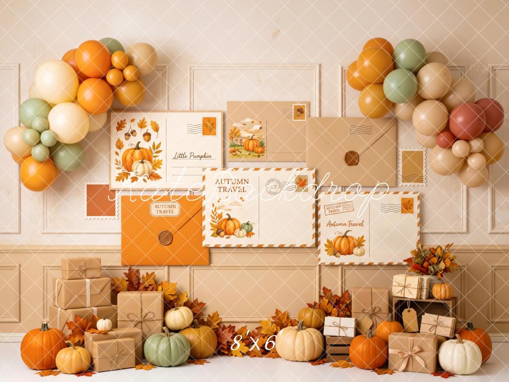 Kate Fall Birthday Postcard Gifts Balloon Pumpkins Printed Backdrop Designed by Patty Roberts