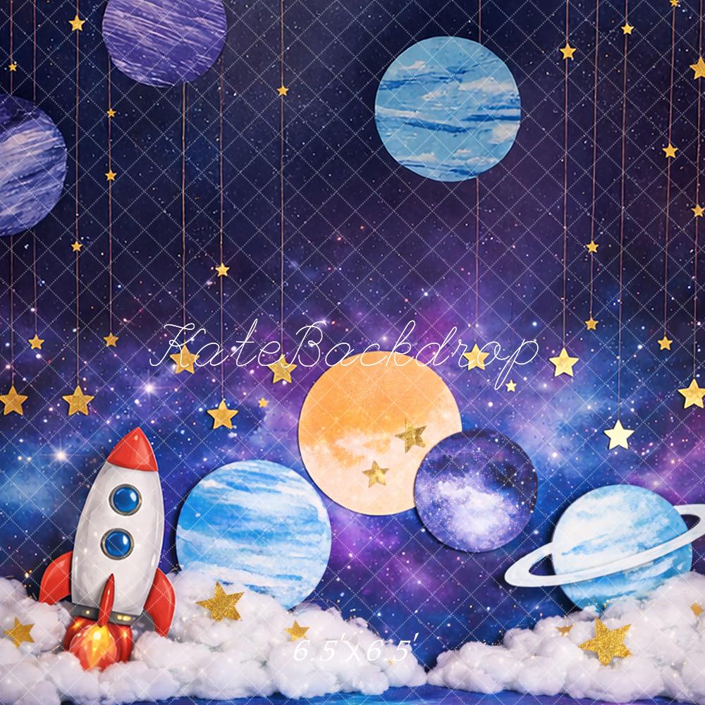 Kate Cake Smash Space Rocket Planets Clouds Printed Backdrop Designed by Mandy Ringe Photography