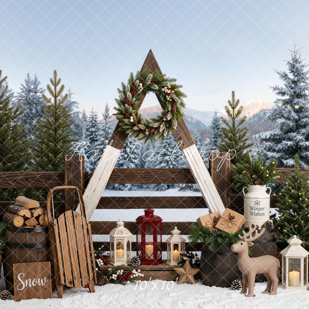 Kate Christmas Winter Outside Skis Sleds Wreath Snow Printed Backdrop Designed by Emetselch