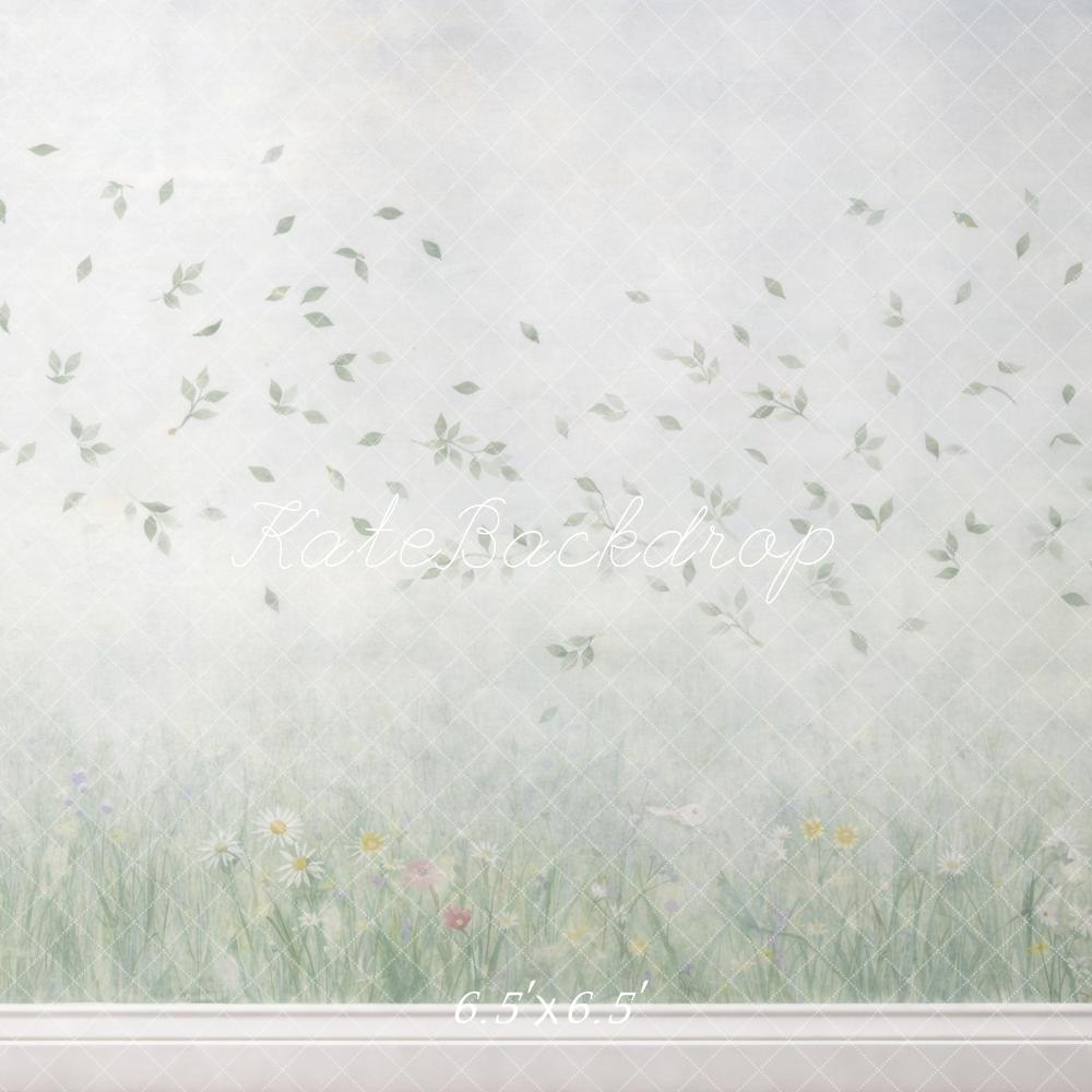 Kate Spring Green Leaves Wildflowers Grass Meadow Wall Backdrop Designed by Mini MakeBelieve