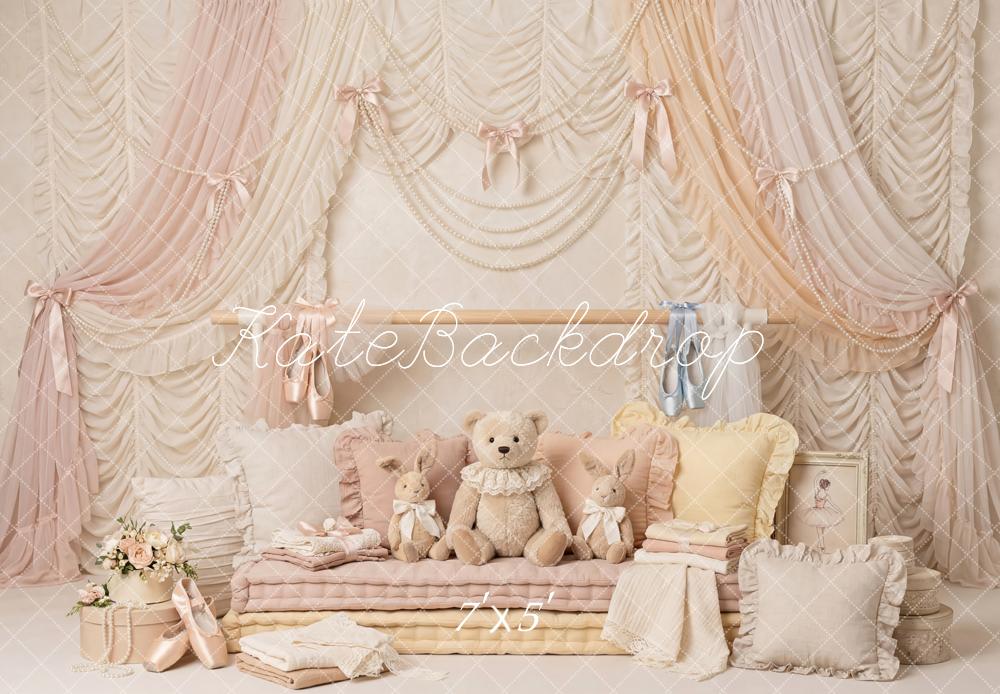 Kate Dreamy Ballet Pastel Drapes Teddy Bear Plush Pillows Printed Backdrop Designed by Patty Roberts