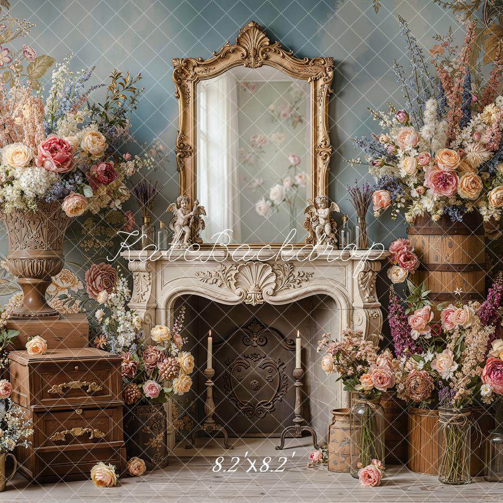 Kate Vintage Floral Mirror Fireplace Printed Backdrop Designed by Emetselch