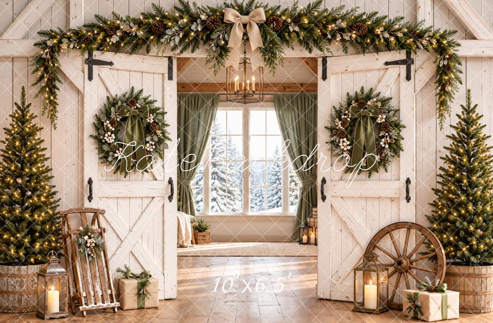 Kate Christmas Farmhouse White Barn Doors Wreaths Trees Printed Backdrop Designed by Emetselch