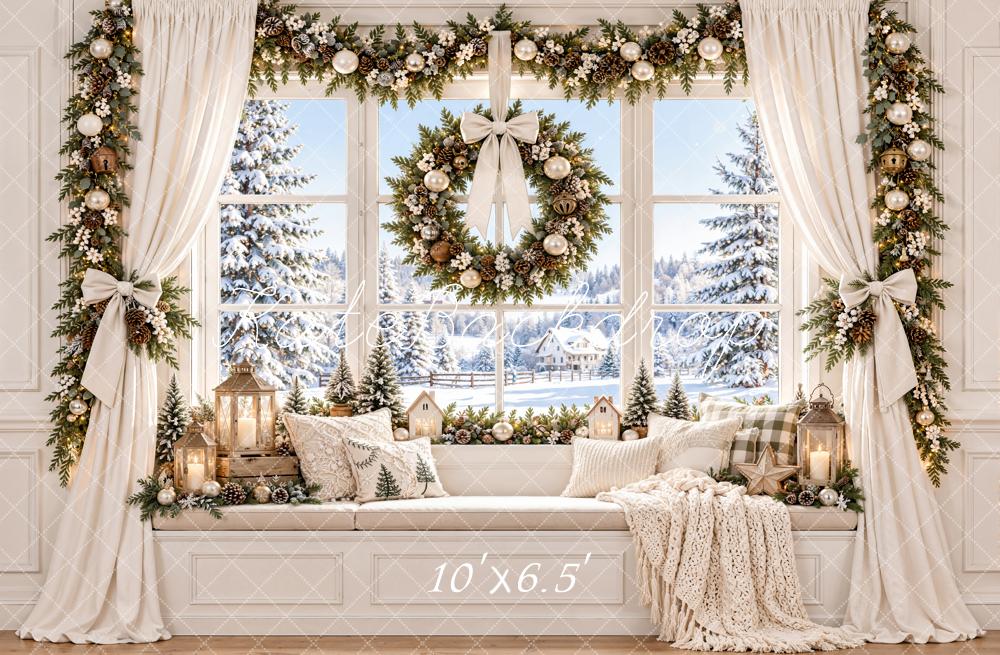 Kate Christmas Bay Window Wreath Garland White Curtains Printed Backdrop Designed by Emetselch