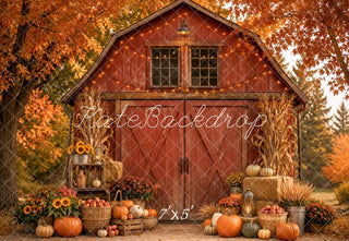 Kate Fall Red Barn Pumpkins Sunflower Lantern Harvest Forest Printed Backdrop Designed by Emetselch