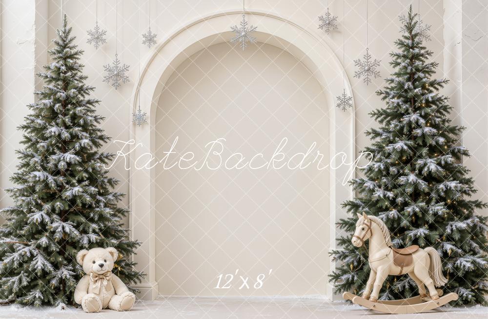 Kate Christmas Minimalist Arch Snowy Trees Teddy Bear Rocking Horse Printed Backdrop Designed by Emetselch