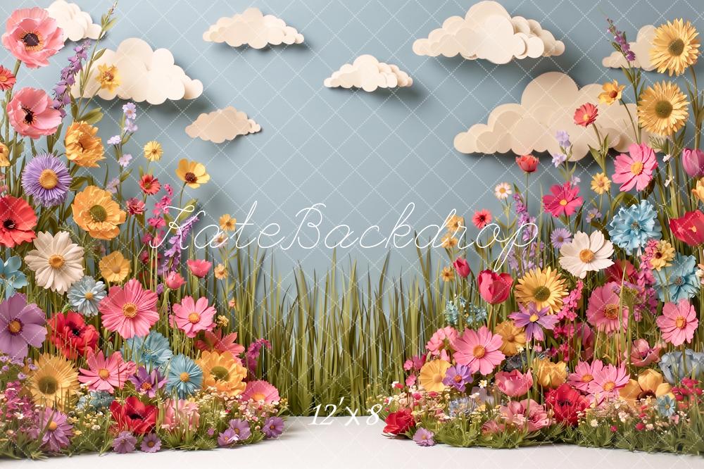 Kate Spring Paper Flowers Wildflower Meadow Clouds Printed Backdrop Designed by Angela Miller