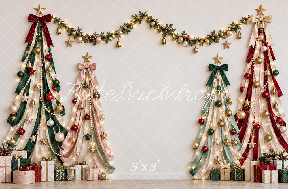 Kate Christmas Ribbon Trees Garland Gifts Lights Printed Backdrop Designed by Vertigo Productions
