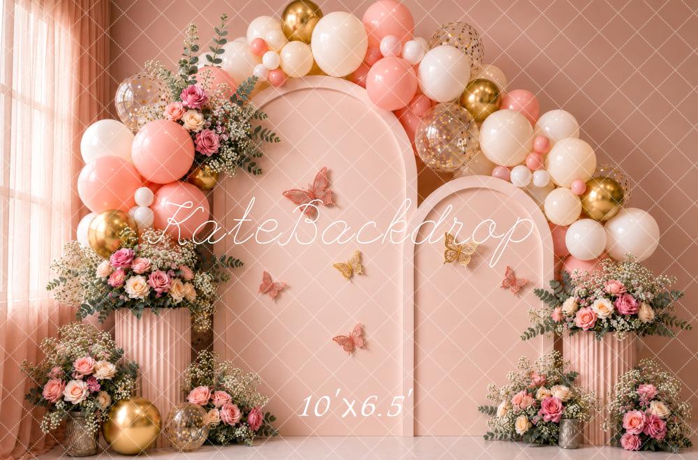 Kate Birthday Pink Balloon Arch Floral Butterflies Printed Backdrop Designed by Shutter Swan Studios