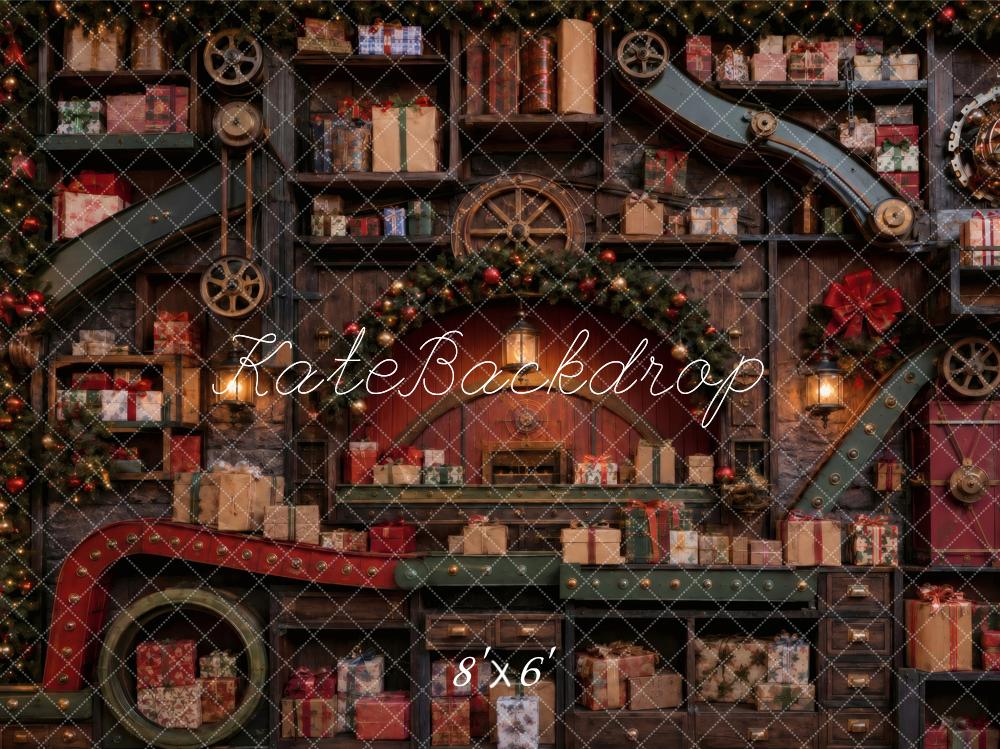 Kate Christmas Workshop Conveyor Shelves Presents Garland Printed Backdrop Designed by Vertigo Productions