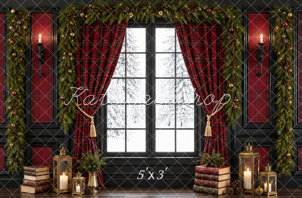 Kate Christmas Red Plaid Curtains Window Books Garland Printed Backdrop Designed by Emetselch