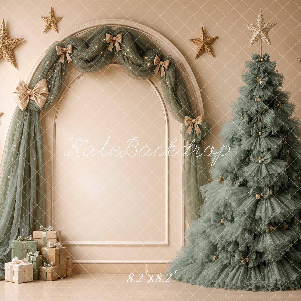 Kate Christmas Green Tulle Tree Arch Drapes Stars Gifts Printed Backdrop Designed by Shutter Swan Studios