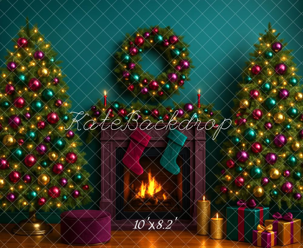 Kate Christmas Tree Fireplace Wreath Green Backdrop Designed by Megan Leigh Photography