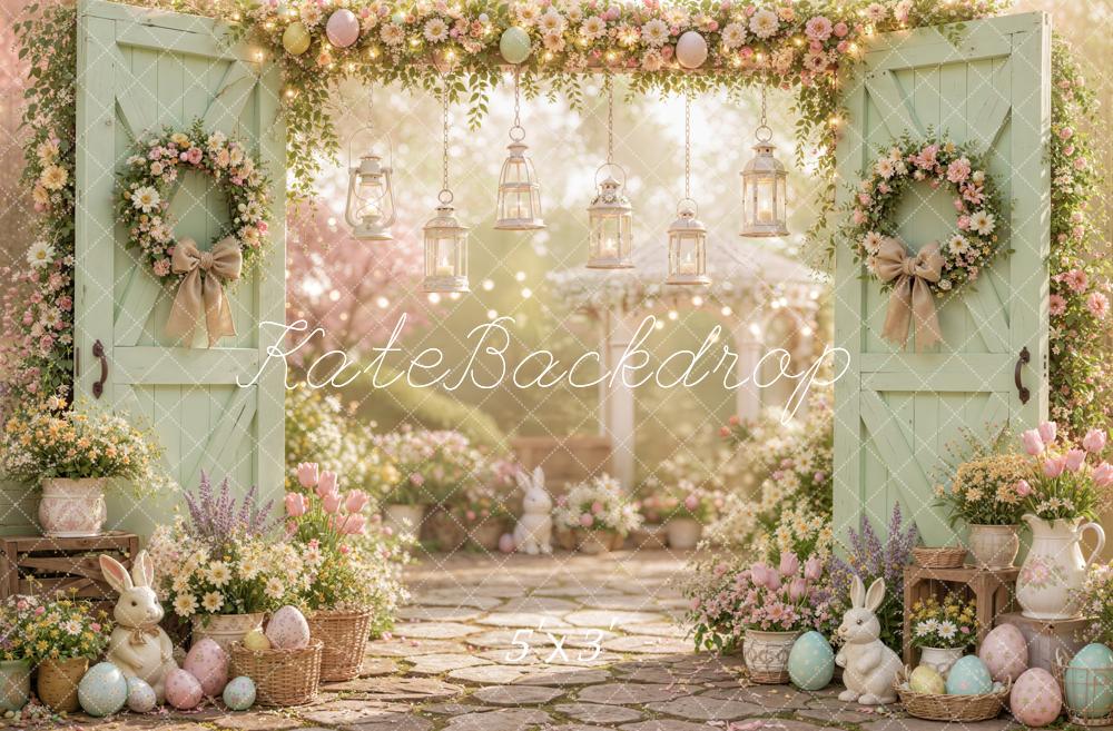 Kate Easter Spring Mint Green Door Floral Bunny Garden Printed Backdrop Designed by Emetselch