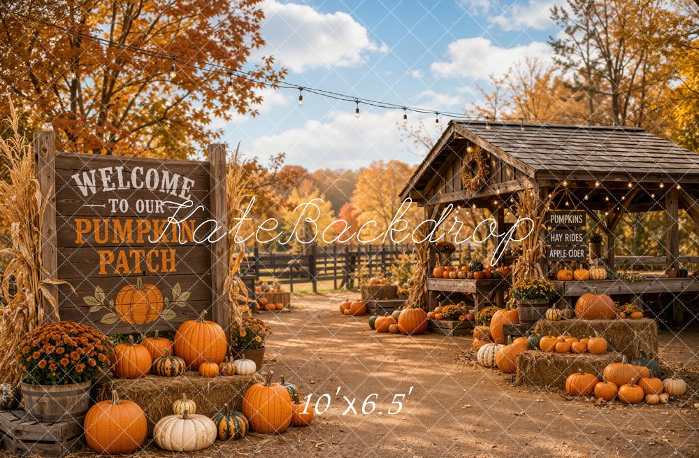 Kate Fall Orange Pumpkin Patch Farm Stand Printed Backdrop Designed by Emetselch