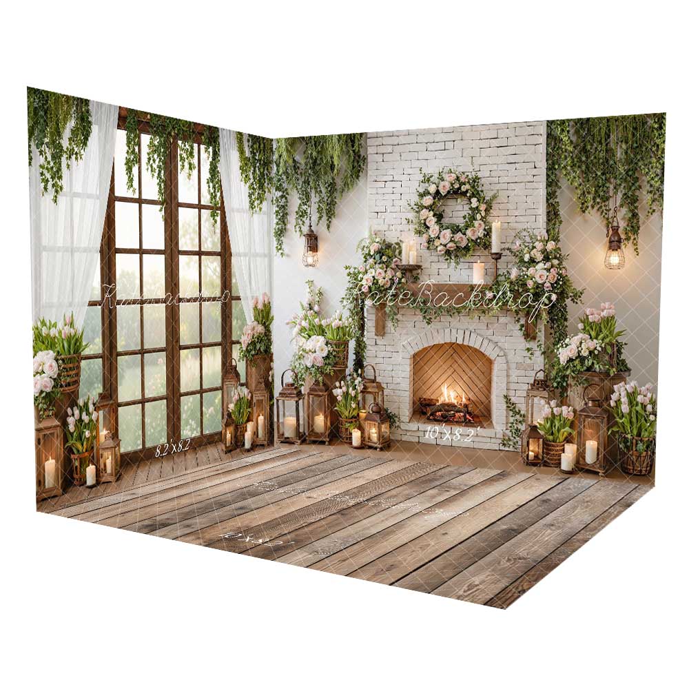 Kate White Brick Fireplace Floral Lanterns Backdrop Room Set