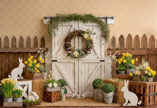 Kate Easter Bunny Barn Door Yellow Flowers Printed Backdrop Designed by Emetselch