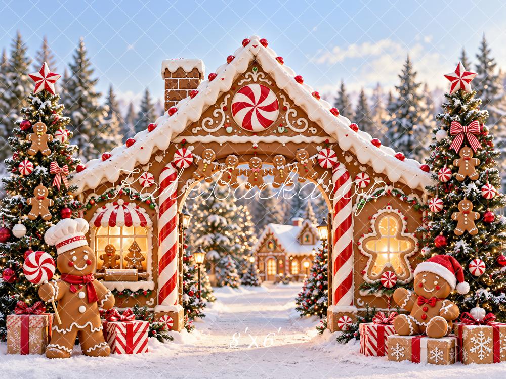 Kate Christmas Gingerbread House Candy Cane Arch Snowy Printed Backdrop Designed by Chain Photography