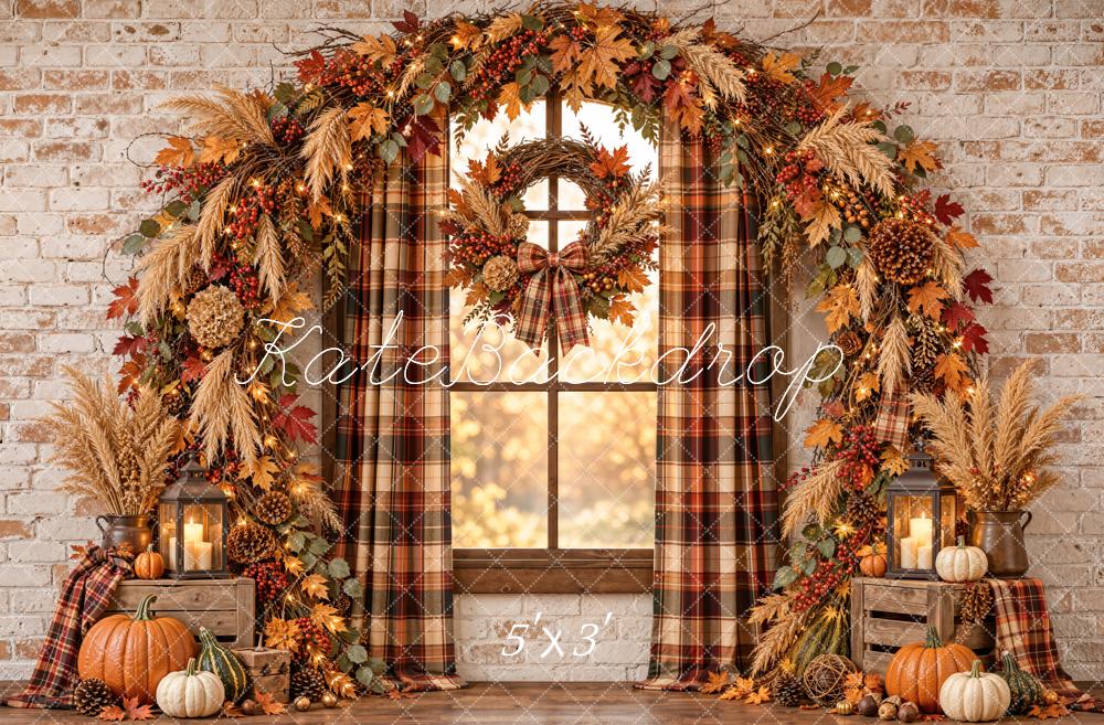 Kate Fall Pumpkin Garland Plaid Window Arch Printed Backdrop Designed by Emetselch