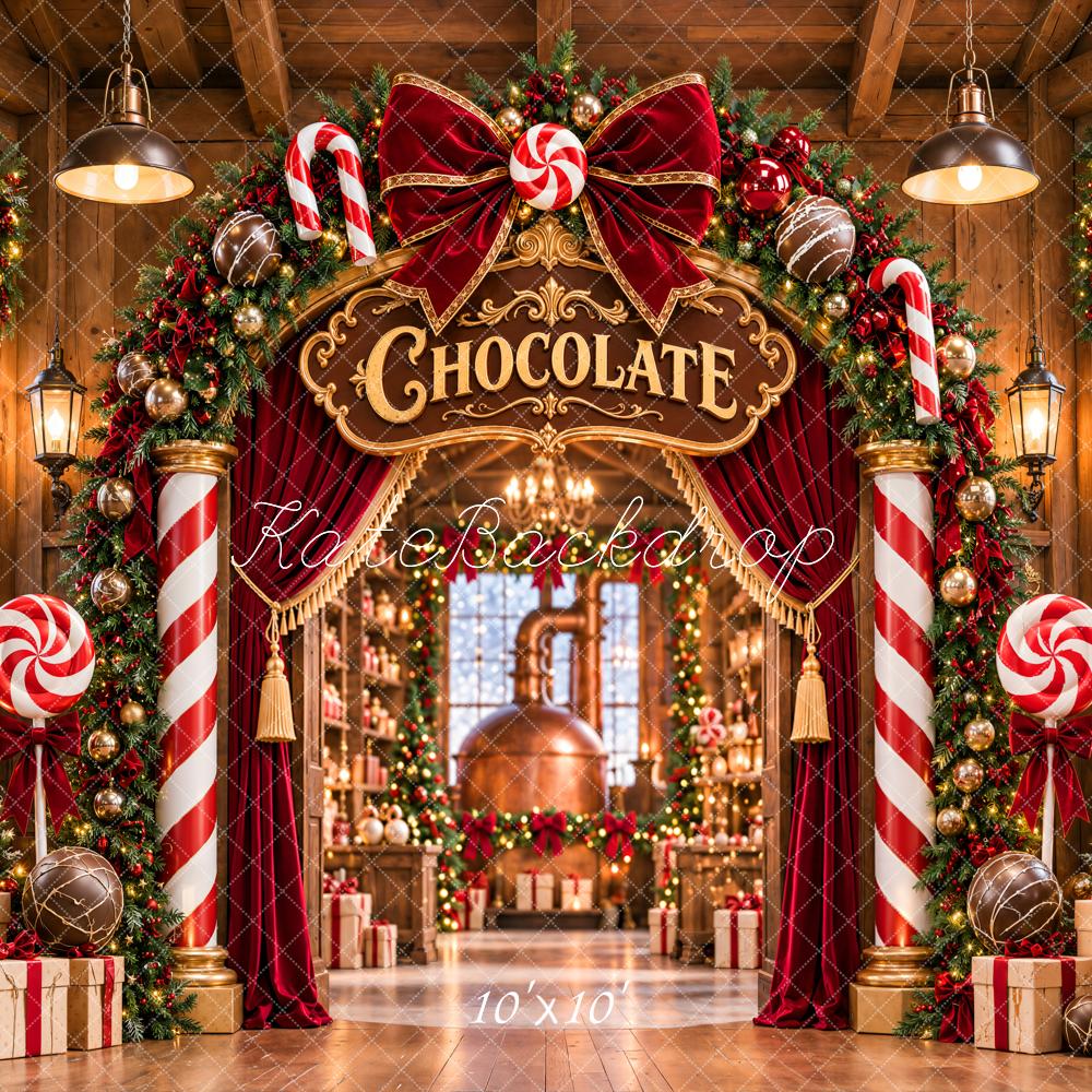 Kate Christmas Chocolate Factory Candy Cane Arch Bow Printed Backdrop Designed by Emetselch