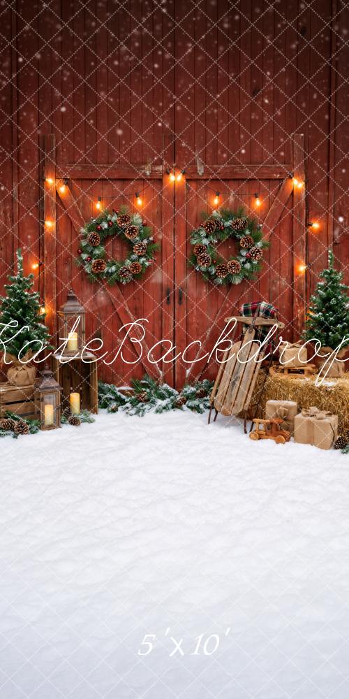 Kate Sweep Christmas Red Barn Doors Wreaths String Lights Printed Backdrop Designed by Happy Squirrel Design