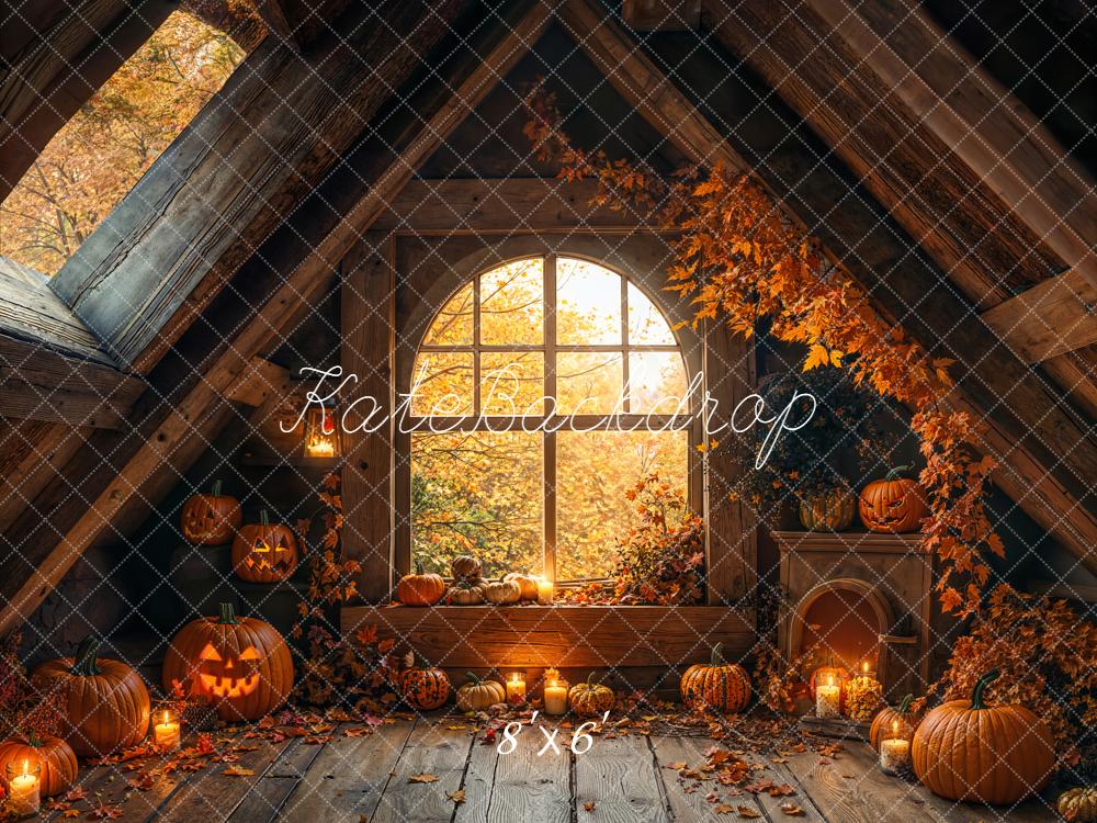 Kate Halloween Attic Arched Window Pumpkins Candles Backdrop Designed by Emetselch