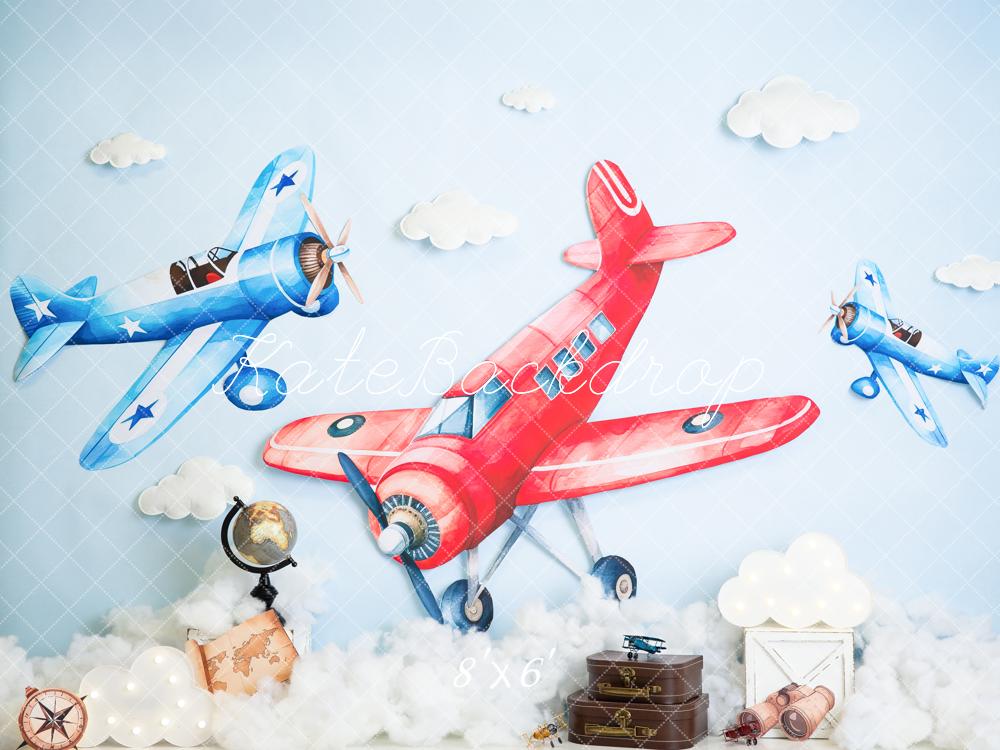 Kate Cake Smash Airplane Clouds Globe Suitcase Map Backdrop Designed by Megan Leigh Photography