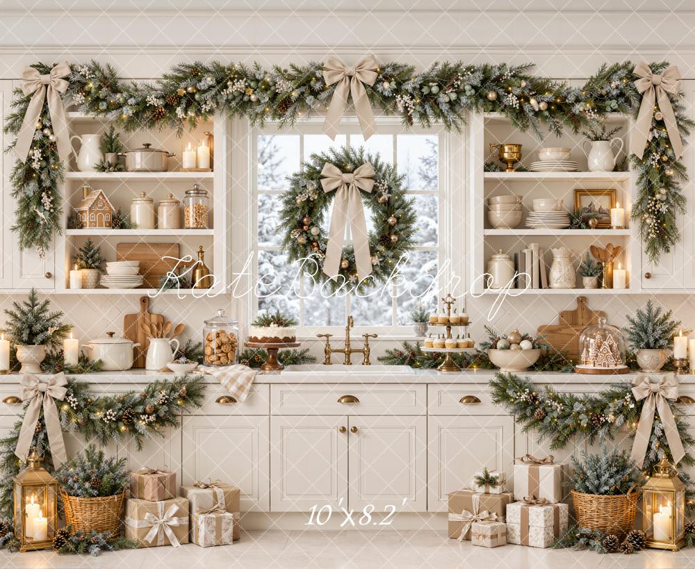 Kate Christmas Kitchen Cream Garland Bows Window Printed Backdrop Designed by Emetselch
