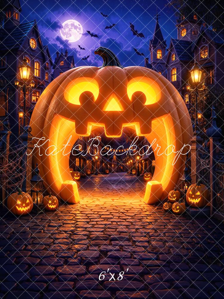 Kate Halloween Trunk or Treat Pumpkin Arch Haunted Village Cobblestone Printed Backdrop Designed by Mini MakeBelieve