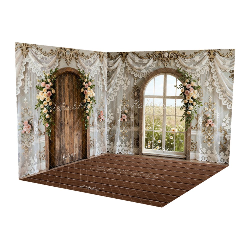 Kate Spring Arched Window Floral Lace Drapes Backdrop Room Set