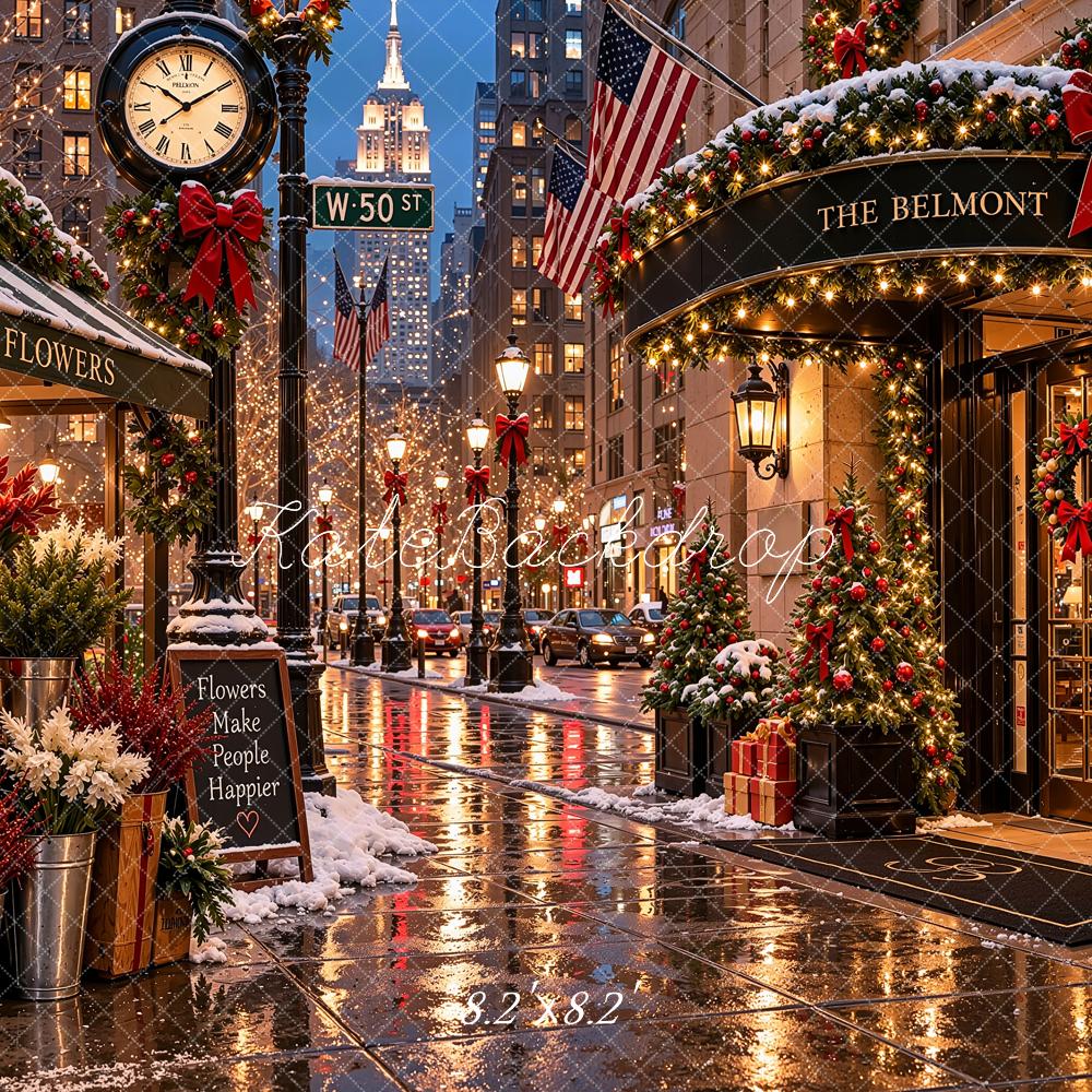 Kate Christmas Snowy New York City Flower Shop Street Printed Backdrop Designed by Shutter Swan Studios