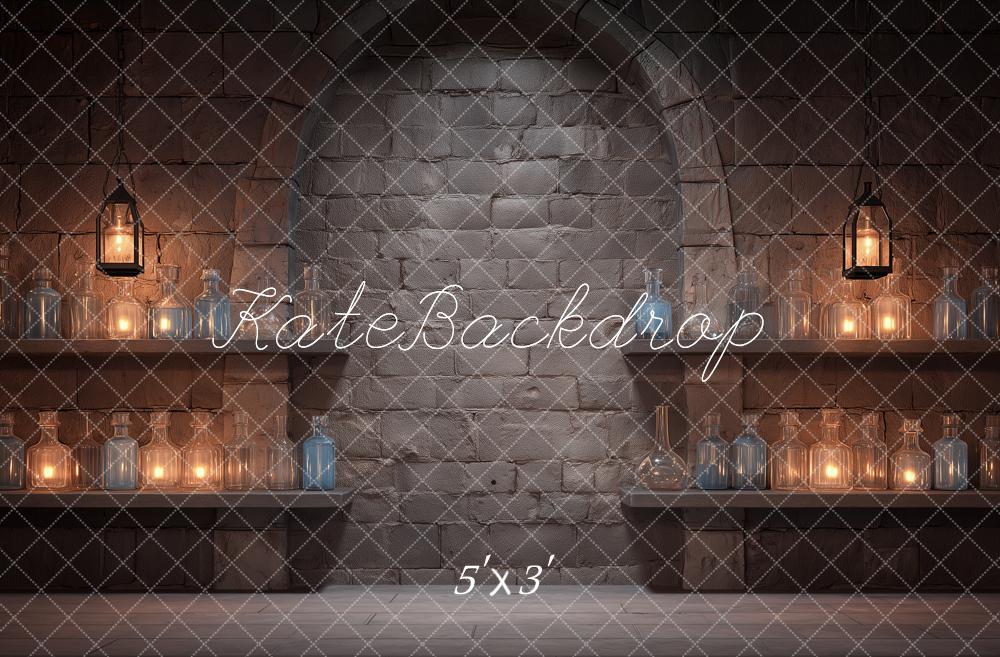 Kate Fantasy Magic Potion Stone Wall Arch Lanterns Bottles Shelves Printed Backdrop Designed by Angela Miller