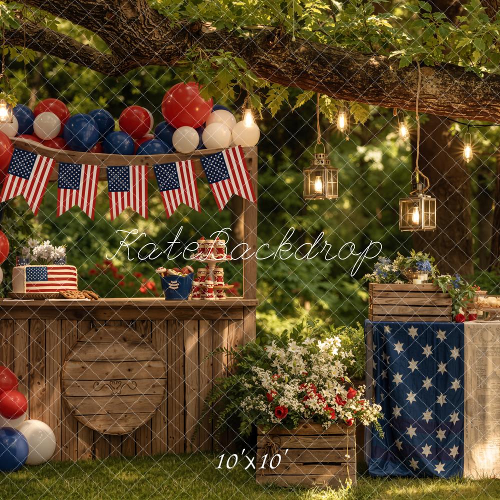 Kate 4th of July Patriotic Outdoor Balloons American Flags Rustic Table Printed Backdrop Designed by Emetselch