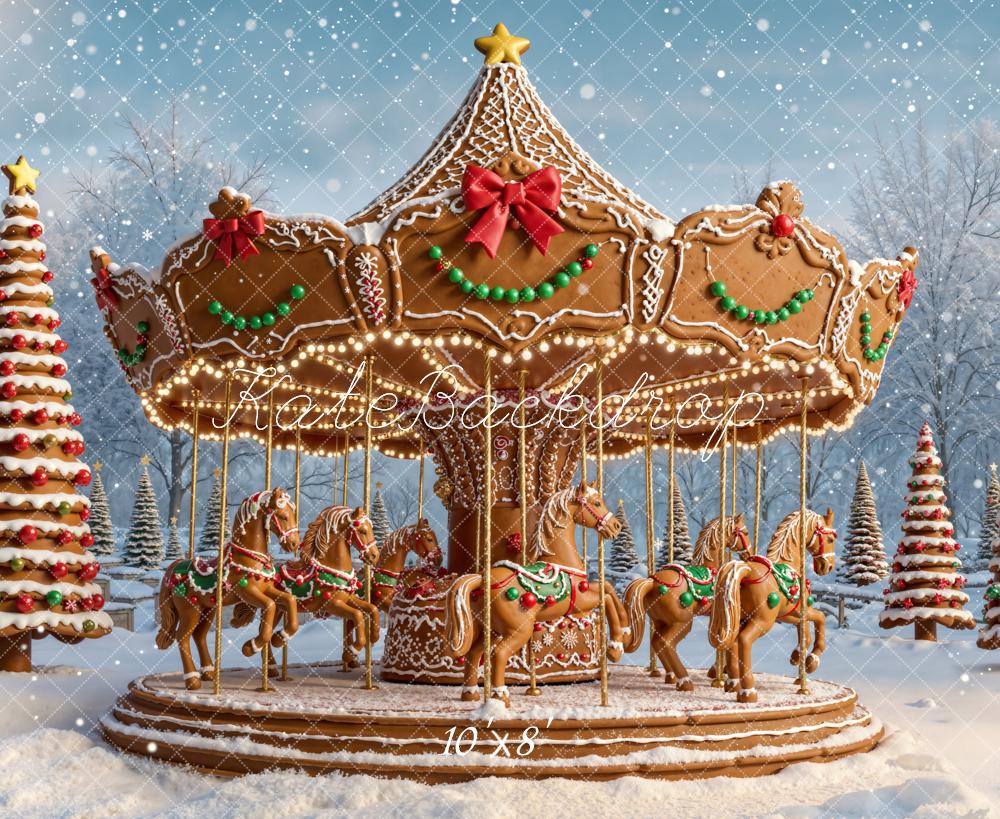 Kate Christmas Carousel Gingerbread Horses Snowy Trees Backdrop Designed by Emetselch