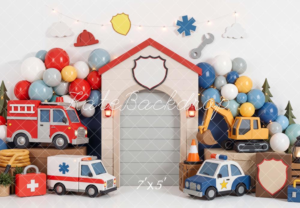 Kate Cake Smash Fire Truck Ambulance Police Car Construction Balloons Garage Printed Backdrop Designed by Mini MakeBelieve