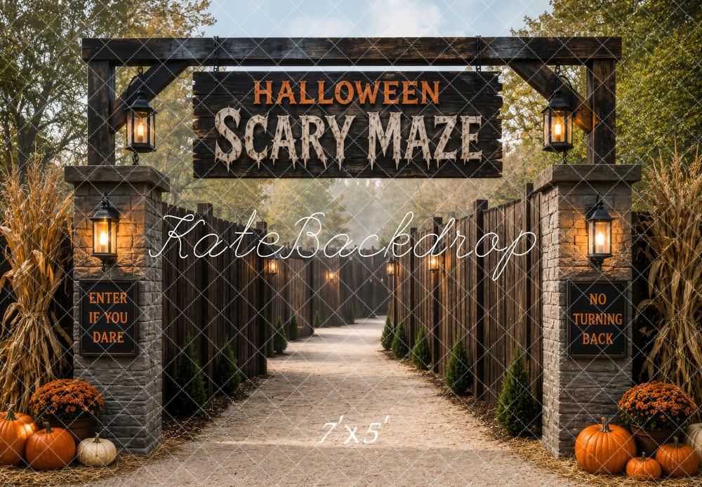 Kate Halloween Scary Maze Entrance Pumpkins Cornstalks Printed Backdrop Designed by Megan Leigh Photography