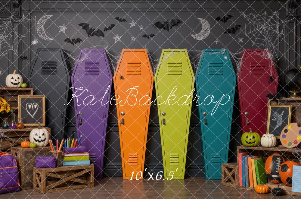 Kate Halloween Colorful Coffin Lockers School Pumpkins Printed Backdrop Designed by Mini MakeBelieve