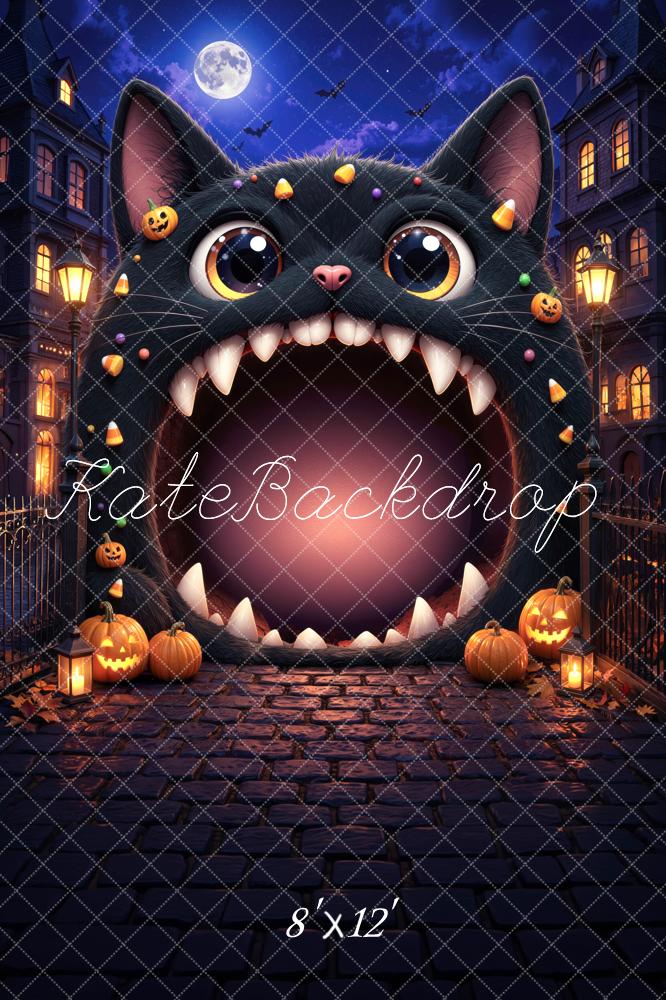 Kate Halloween Trunk or Treat Black Cat Haunted House Cobblestone Printed Backdrop Designed by Mini MakeBelieve
