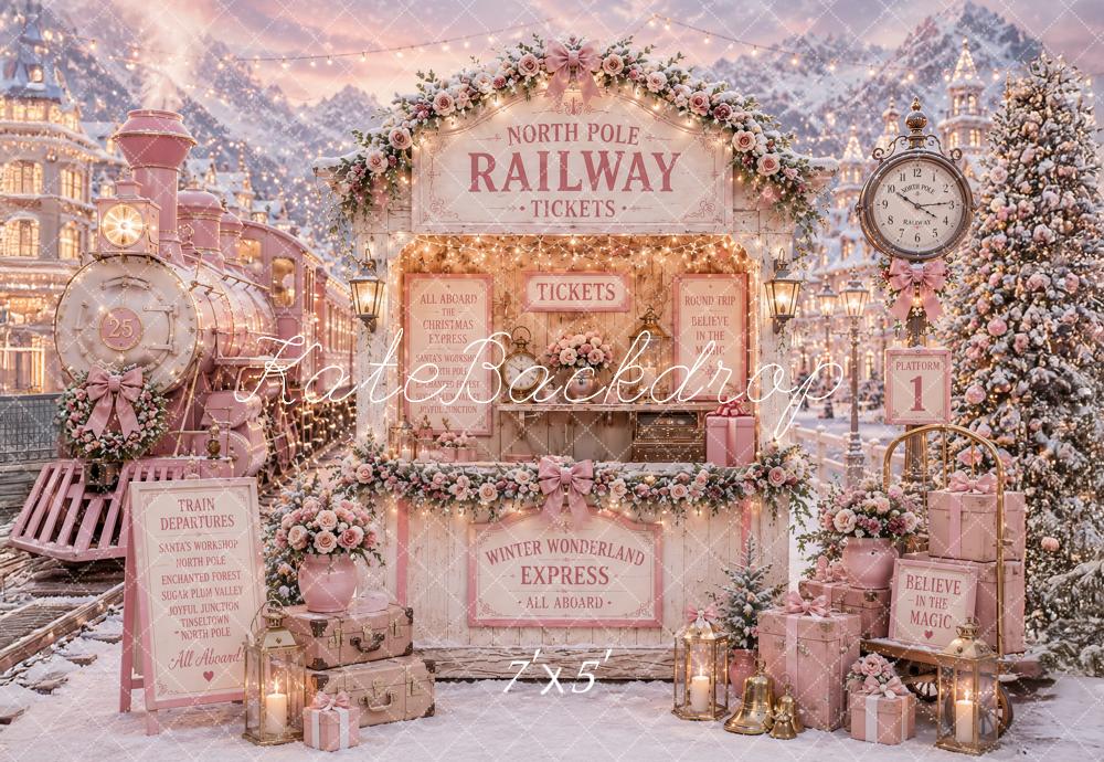 Kate Christmas Polar Train Tickets Pink Railway Snowy Printed Backdrop Designed by Ashley Paul