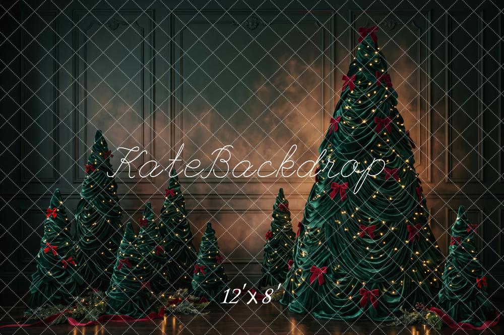 Kate Christmas Trees Dark Moody Red Bows Lights Printed Backdrop Designed by Patty Roberts