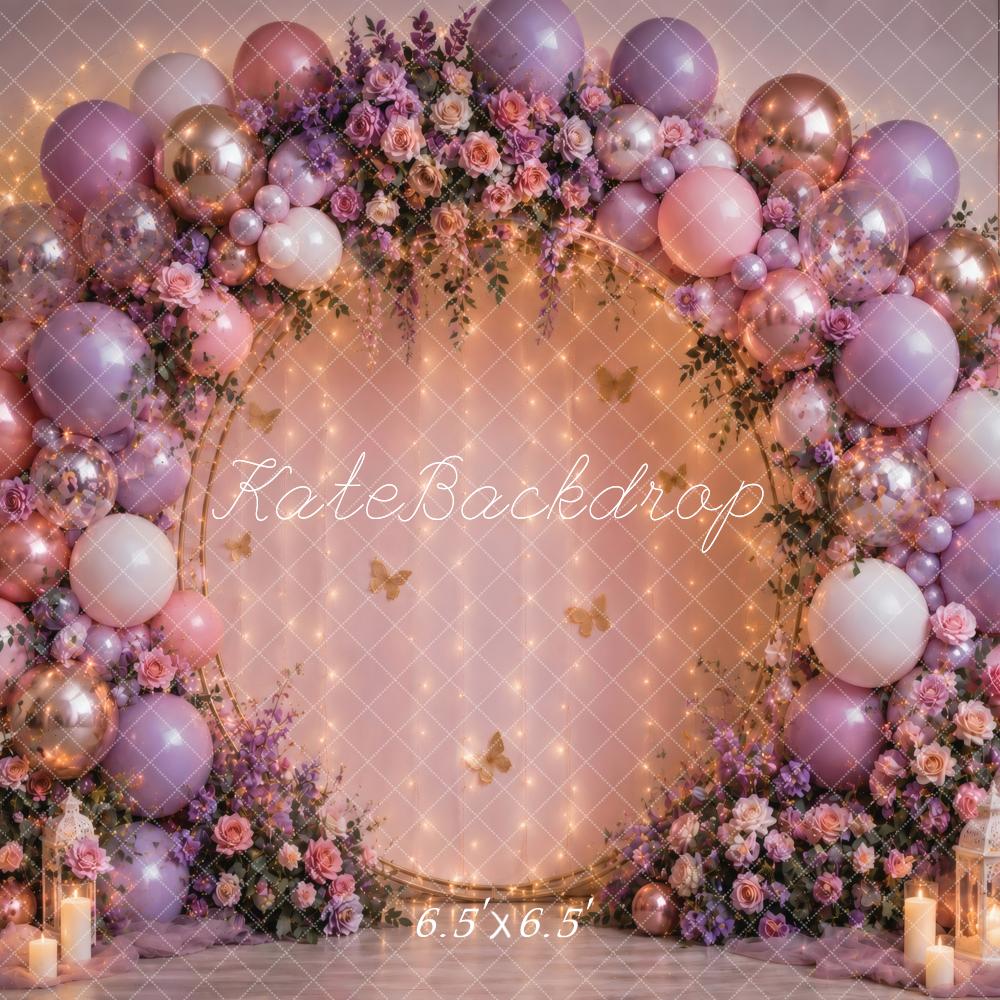 Kate Cake Smash Fairy Flower Arch Balloon Garland Pink Purple Printed Backdrop Designed by Vertigo Productions