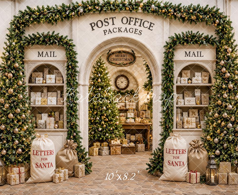 Kate Christmas Post Office Trees Gifts Mailboxes White Printed Backdrop Designed by Emetselch