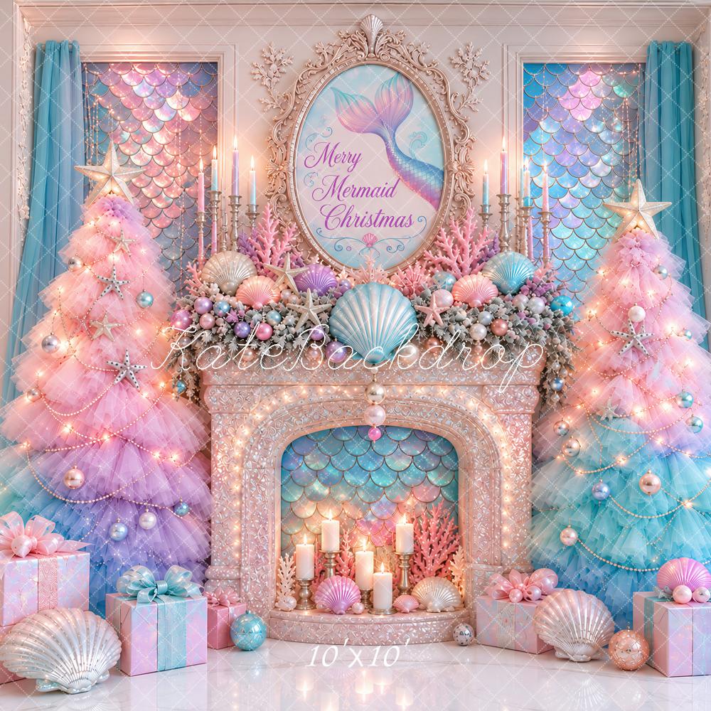 Kate Christmas Mermaid Seashell Fireplace Printed Backdrop Designed by Ashley Paul