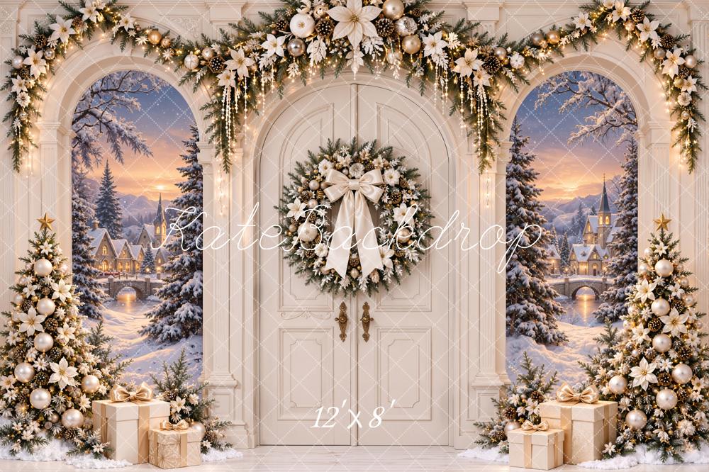 Kate Christmas Arch Door Snowy Village Wreath Trees Printed Backdrop Designed by Emetselch