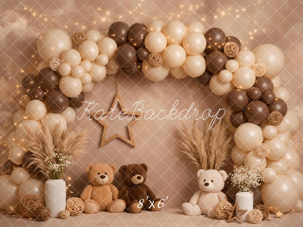 Kate Cake Smash Balloon Arch Teddy Bears Pampas Grass Neutral Brown Backdrop Designed by Emetselch