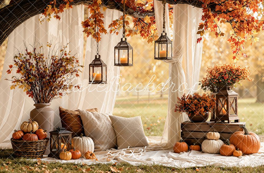 Kate Fall Branch Arch White Drapes Pumpkins Lanterns Cozy Printed Backdrop Designed by Emetselch